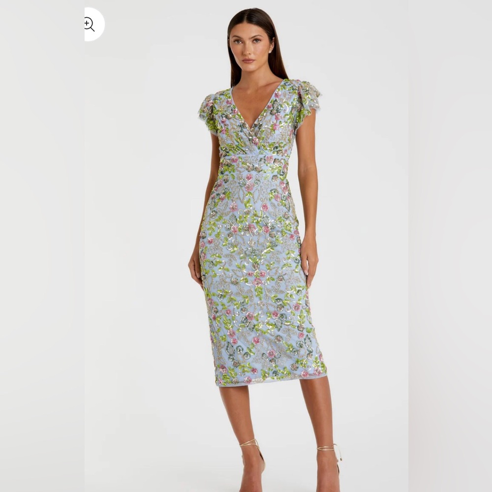 Mac Duggal Floral Beaded V-Neck Midi Dress